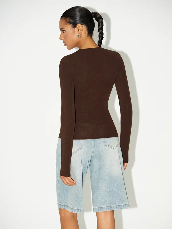 Commense Bra-Free Built-In Padded V-Neck Long Sleeve Top Dark Brown XS NWT - Image 2