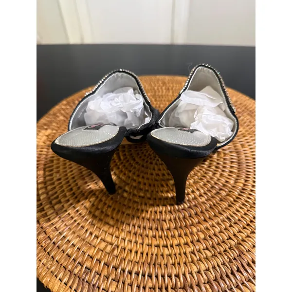 Nina Black Satin Rhinestone Buckle Mule Heels Stiletto Sandals 7M EUR 37 - Image 4