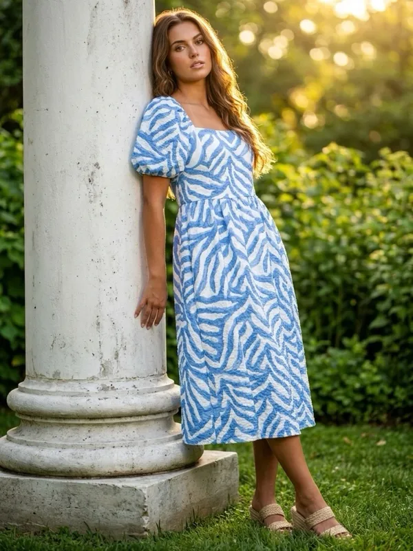 Time and Tru Puff Sleeve Midi Dress Womens XL Beachy Coastal Nautical Open Back - Image 16