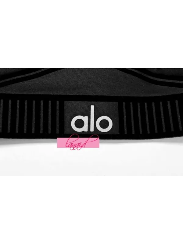 Alo Airlift Line Up Bra Black Padded Velvet Striped Sports Crop Top Bralette S - Image 12