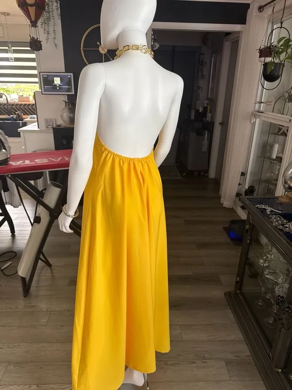 Yellow lterneck Maxi Dress with Gold-Tone Chain - Image 3