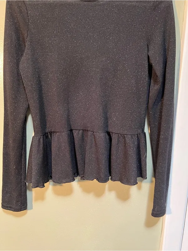 Divided Women's Size Small Peplum Top Black Sparkle Ribbed Long Sleeve Stretch - Image 4