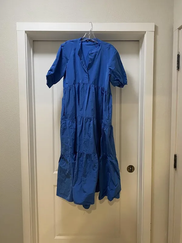 Zara Dress Womens Medium Blue Tiered Puff Sleeve Henley Midi Swing Casual - Image 2
