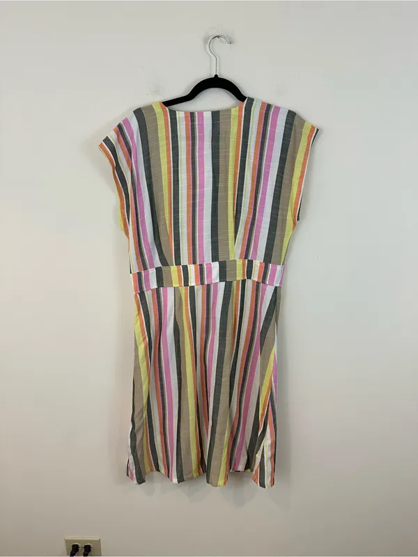 LOFT Multicolor Striped Button-Front V-Neck Dress Midi Length Size 12 NWT - Image 6