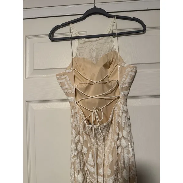 Dave & Johnny Y2K White Nude Art Deco Geometric Sequin Formal Prom‎ Dress Fairy - Image 3