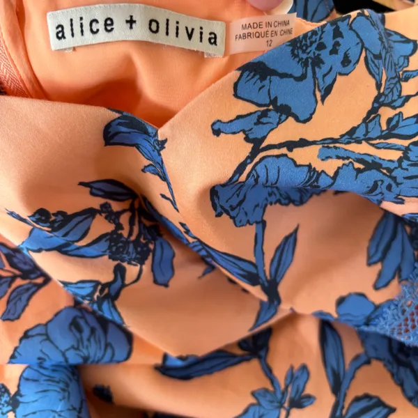 Alice + Olivia Jade Ruffled Floral Midi Dress Coral Blue Lace‎ Illusion Size 12 - Image 16