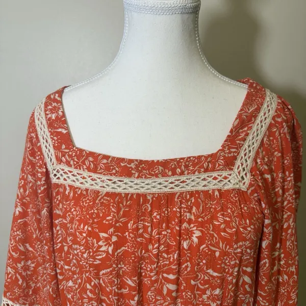 Free People XS Orange Boho Print Tunic Top Blouse W Ivory‎ Crochet Trim Tiered - Image 3
