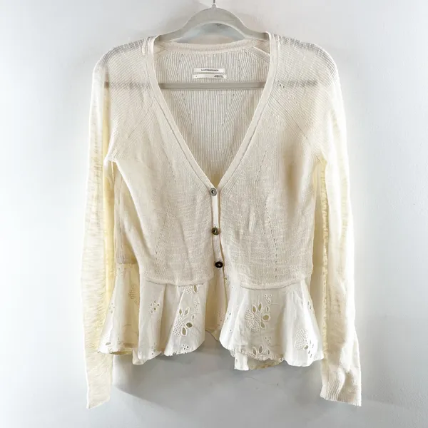 Anthropologie Hollie Eyelet Peplum Button Up Cardigan Sweater White Cream Small - Image 2