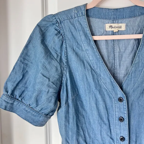 Madewell Blue Denim Jumpsuit Cotton Blend size‎ 0 Puff Sleeve Button Front - Image 5