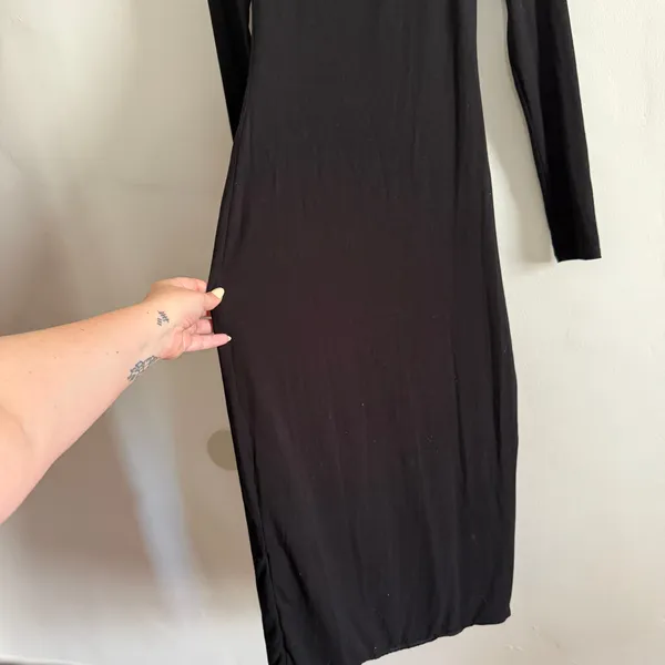 KLASSY NETWORK | Black Modal Blend Square Neck Midi Dress Long Sleeve Slit XS - Image 6