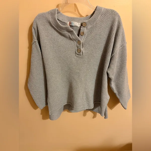 Free People Beach Hailee Waffle Knit Henley Sweater in Salt Water Khaki - Image 5