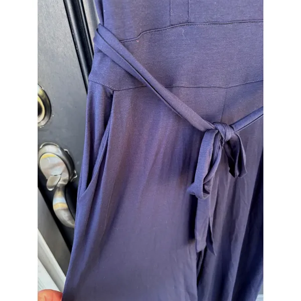 Boden Navy Blue Jersey Wide Leg Jumpsuit‎ V-Neck Tie Waist Pockets US 8R UK 12R - Image 2