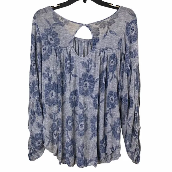 Free People Blue Grey Floral Boho Peasant Top - Image 8