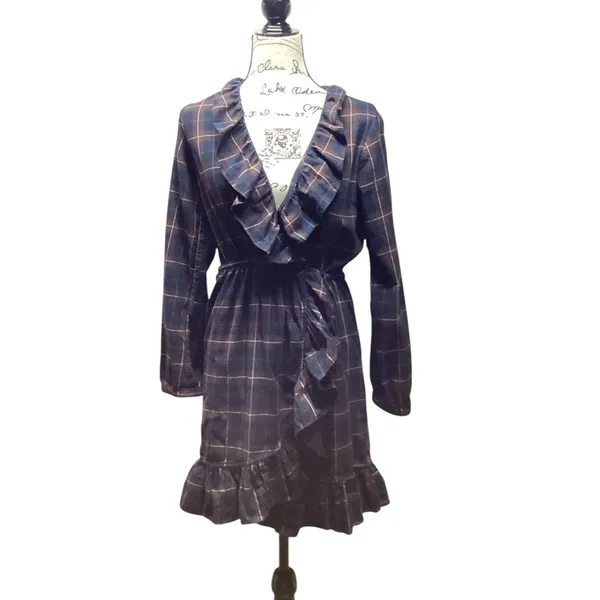 Sunner Navy plaid Cotton Ruffle wrap dress. Size Medium Blue - Image 6