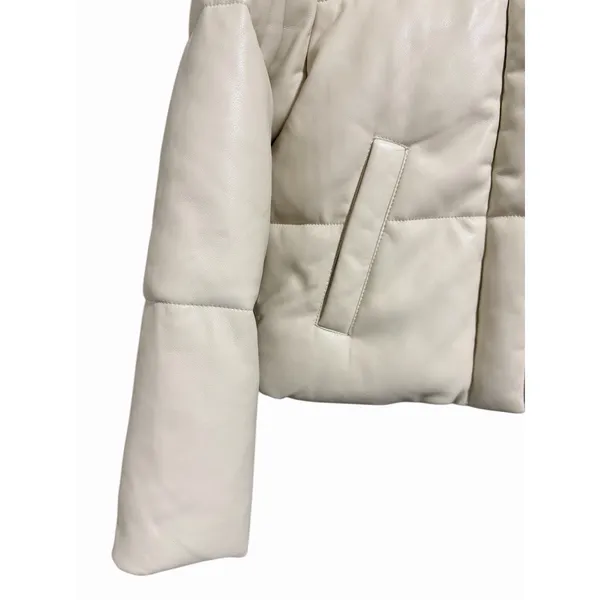 Abercrombie & Fitch Mini Puffer Vegan Leather Jacket Cream Women's Size‎ Small - Image 7