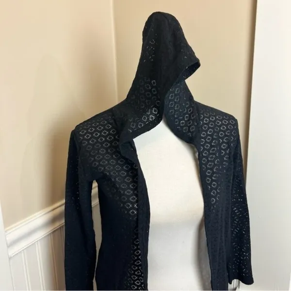 Pamela Black Crochet Lace Hooded Open Front Cardigan Geometric Knit OS - Image 4