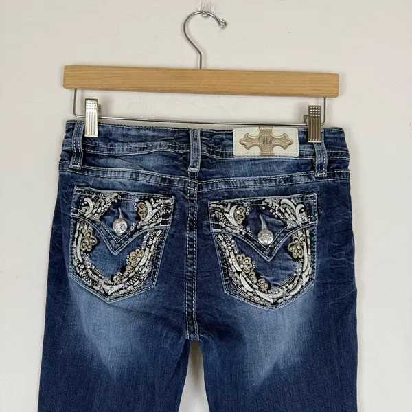 Miss Me Jeans Capri Mid Rise Raw Hem Logo Embellished Festival - Image 6
