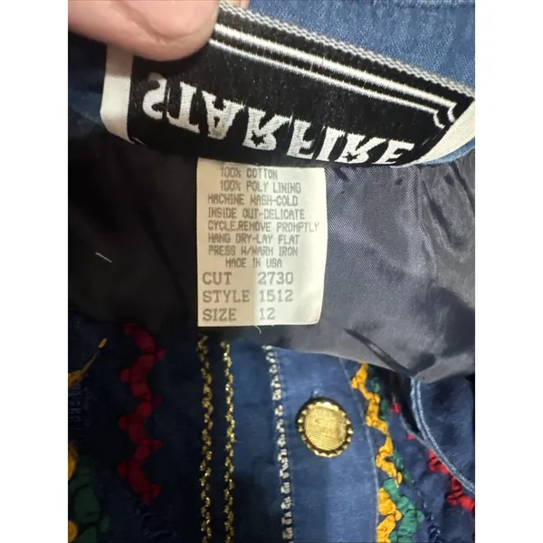 Vintage Starfire Vest Womens Medium Denim Embroidered Ribbon Stripe Southwestern - Image 5