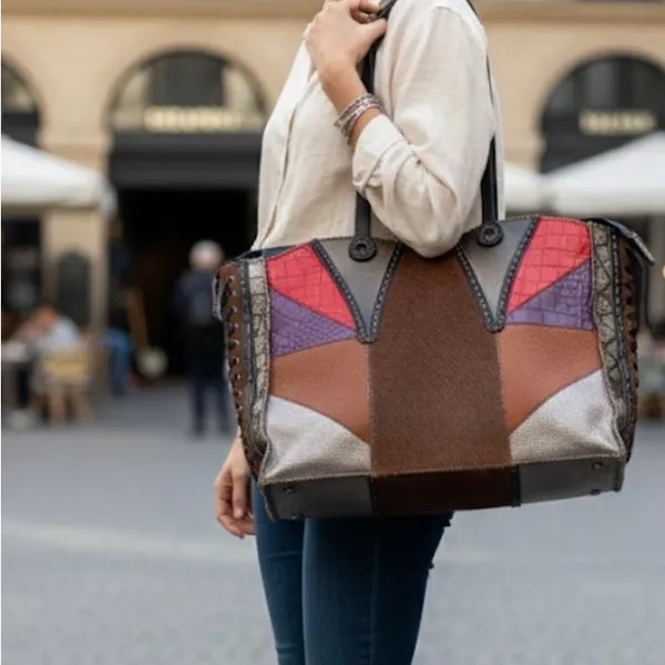 Colorful Patchwork Leather Tote Red - Image 2