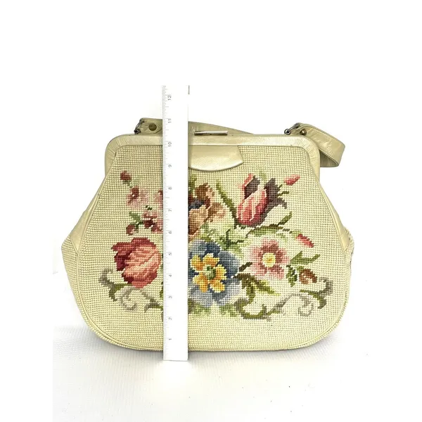 Vintage 50's Needlepoint Floral Purse Handbag Pockets Coin Purse Beige - Image 10