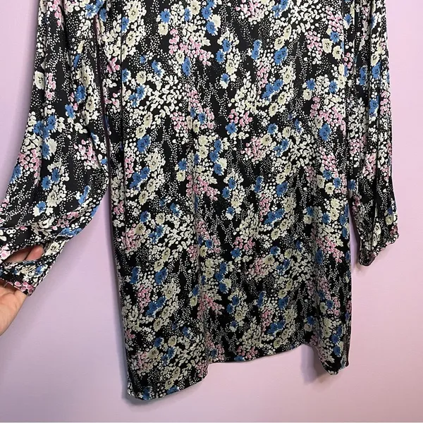 Vintage Express Slip Dress Long Sleeves Black Blue Ditsy Floral Y2K Large - Image 7