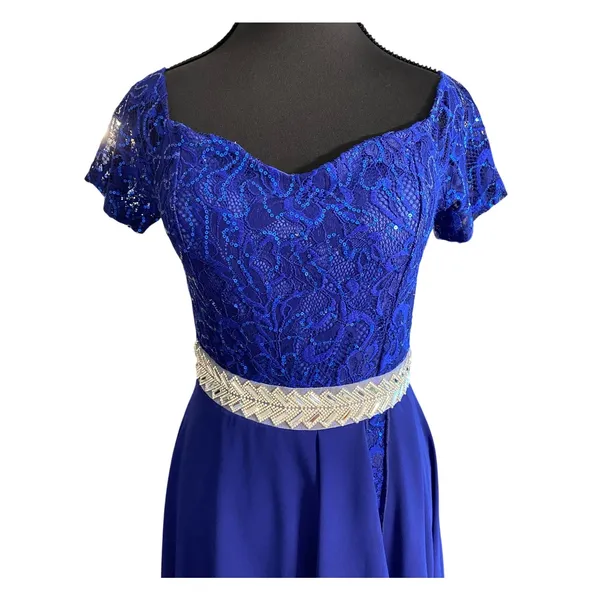 Vintage Y2K Yabes USA Royal Blue Sequin‎ Lace Formal Dress Chiffon (S) Prom Gala - Image 3