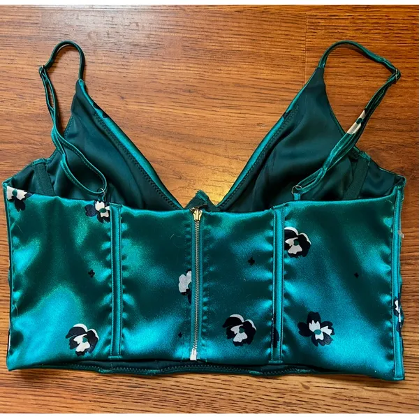 White Fox Boutique Satin Corset Crop Top Teal Floral Bustier Camisole Y2K Chic - Image 6