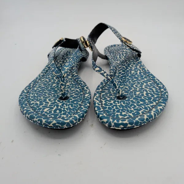 Tory Burch Minnie Travel Sandal Blue Leopard Print‎ Leather Thong Slingback 8M - Image 3