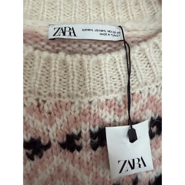 Zara Oversized Fair Isle Knit Sweater Pink Cream Side Button M-L NWT - Image 5