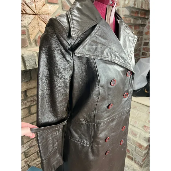 leather trench coat brown double breasted Vintage 1970s sz 7 - Image 6