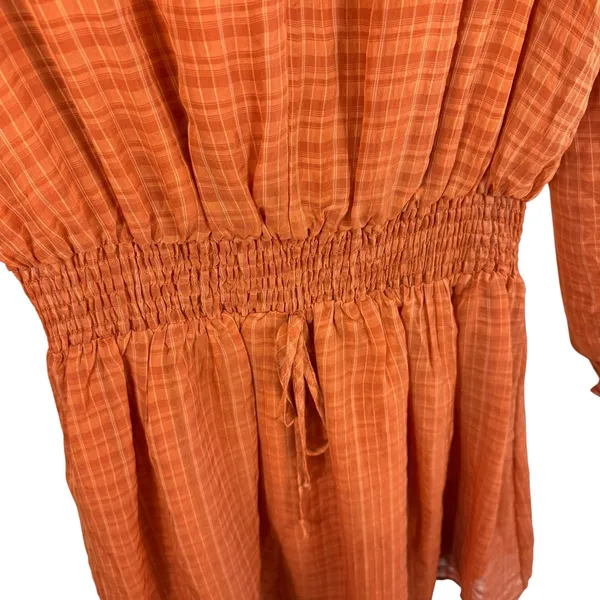 NSR Orange Plaid Long Sleeve Smocked Waist Lined Lightweight Mini Dress‎ Size M - Image 3