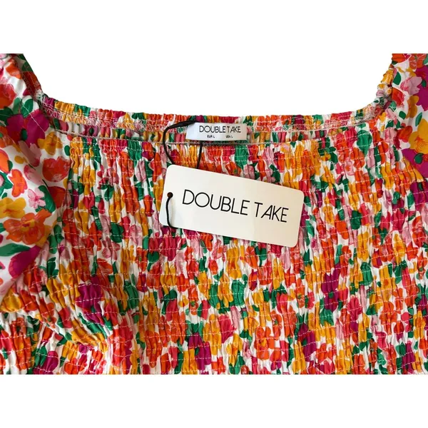 Double Take Floral Smocked Mini Dress Orange Pink Yellow Tiered Ruffle Large NWT - Image 2