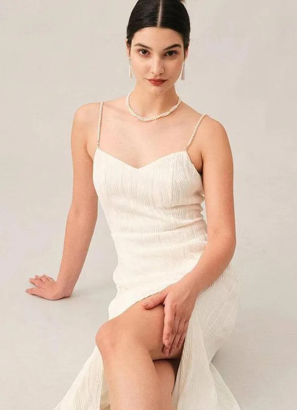 RIHOAS The Wave Textured Pearl Strap Midi Dress XS - Image 3