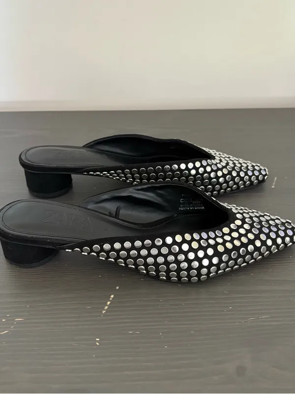 ZARA Black Studded Mules Size 37 Pointed Toe Kitten Heel Slip On Flats Chic - Image 4