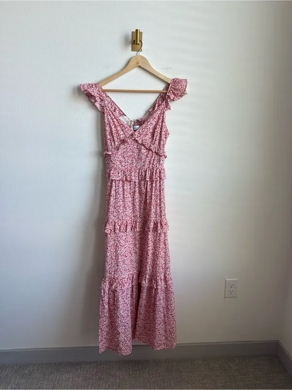 Petal + Pup Aspa Floral Tiered Midi Dress Pink Ruffle Tie Back Cotton Size 4 - Image 4