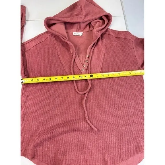 New In Waffle Knit Henley Hoodie‎ Dusty Rose Balloon Sleeve Pullover NT10889 M - Image 5