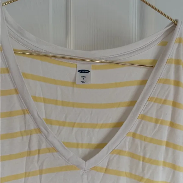 Old Navy Yellow and White Striped V-Neck Tee - Image 2