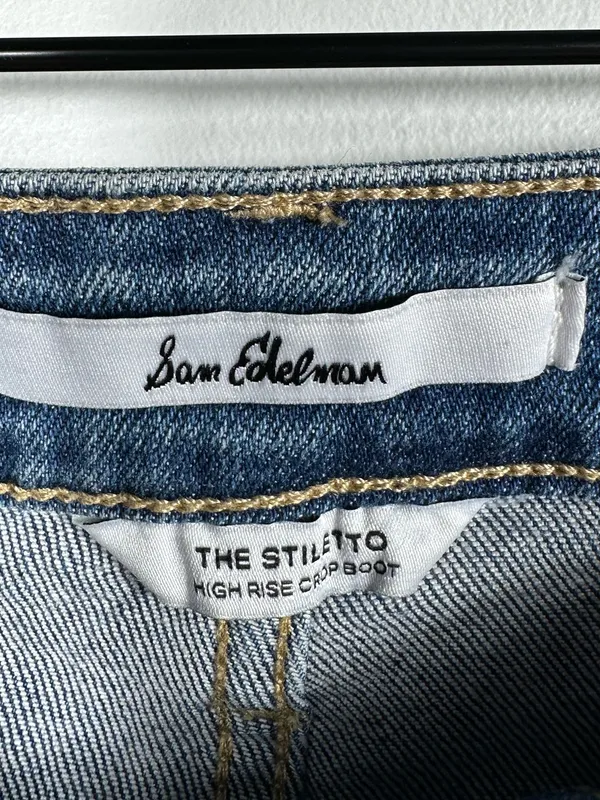 Sam Edelman The Stiletto High Rise Crop Boot Jeans Size 27 Medium Wash Raw Hem‎ - Image 11