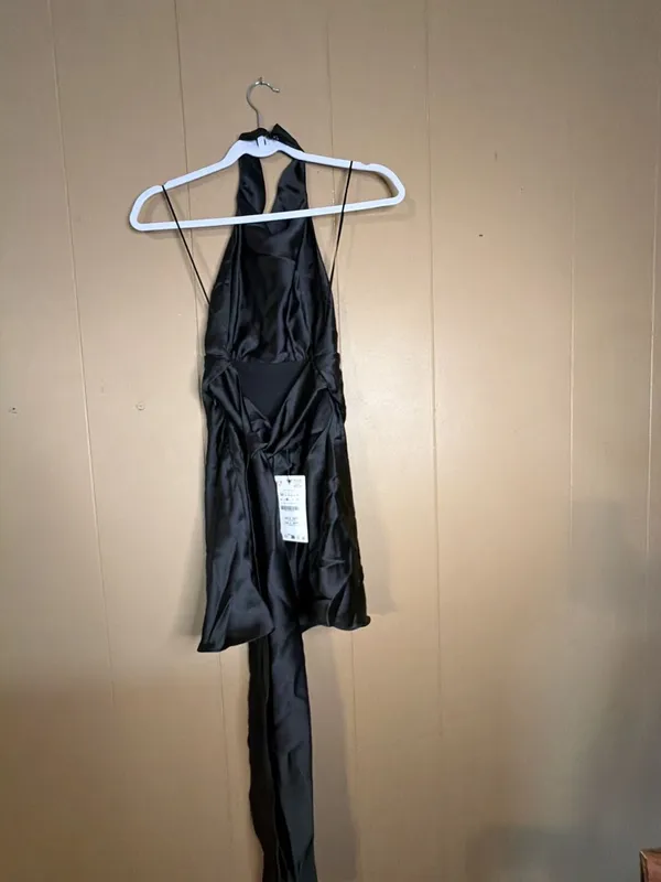 Zara Black Satin Halterneck Mini Dress with Ruched Ruffle Hem - Image 2