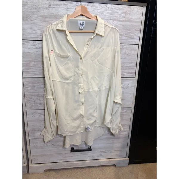 BDG Urban Outfitters Oversized Deconstructed Frayed Button Down Shirt Cream S - Image 2