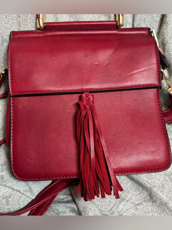 Red Leather Tassel Top-Handle Crossbody Bag - Image 2