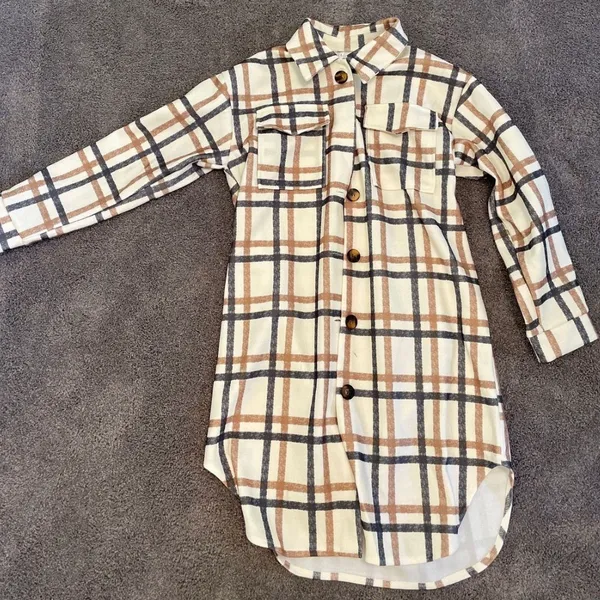 Plaid Longline Shacket Tan - Image 2