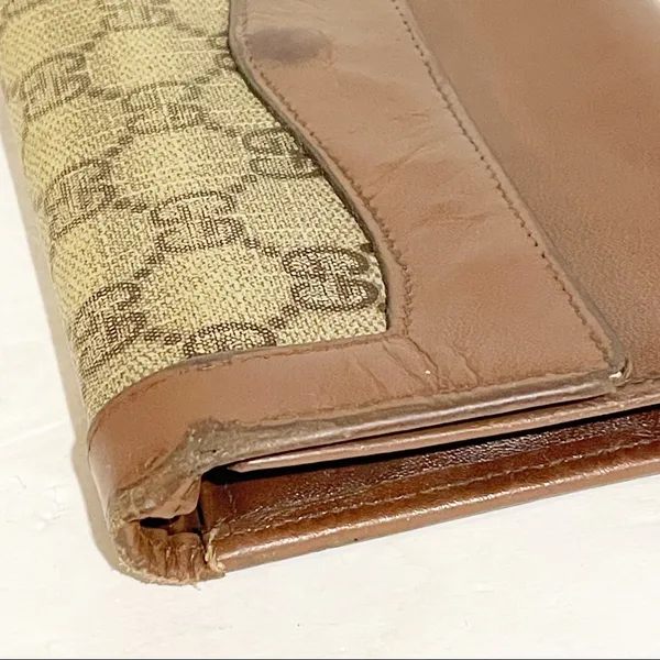 Gucci Vintage Brown Leather Cloth Wallet‎ Check Holder Snap Zipper - Image 4