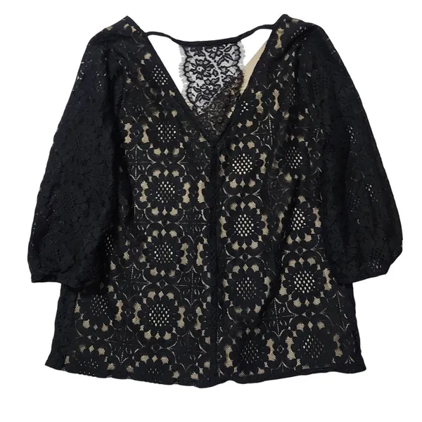 Skies Are Blue Womens Elegent Black Floral Lace Boho Nude Lining V-Neck Blouse L - Image 6