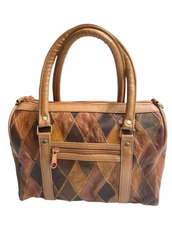 VTG Genuine Leather Patchwork Satchel Brown Multi-Tone Zip Top Western Purse - Image 3