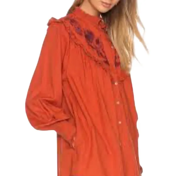 Free‎ People Rose Vines Top Women Small Rust Orange Embroidered Ruffle Smocked - Image 3