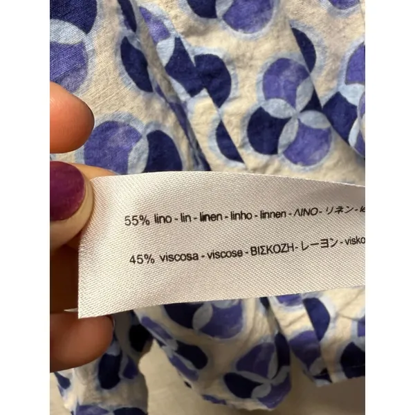 Zara Floral Linen Blend Shirt Dress Sz M Blue Geometric Artsy‎ Button Front Boho - Image 7