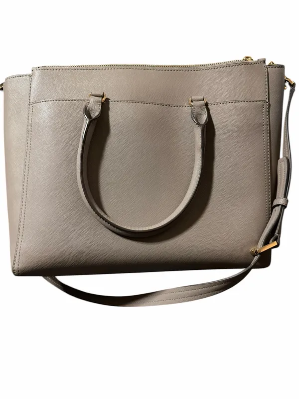 Tory Burch Taupe Gray Structured Tote Bag | Gold Hardware| Large Purse - Image 2