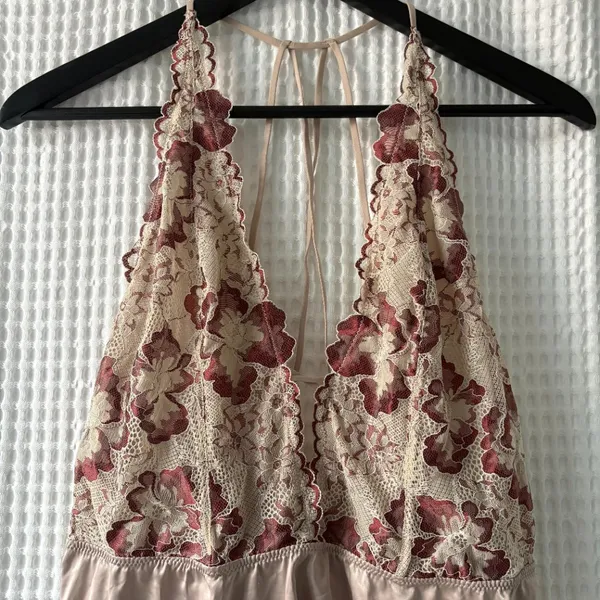 Auden demure taupe floral lace satin slip dress nightie coquette fairy whimsy XL - Image 5