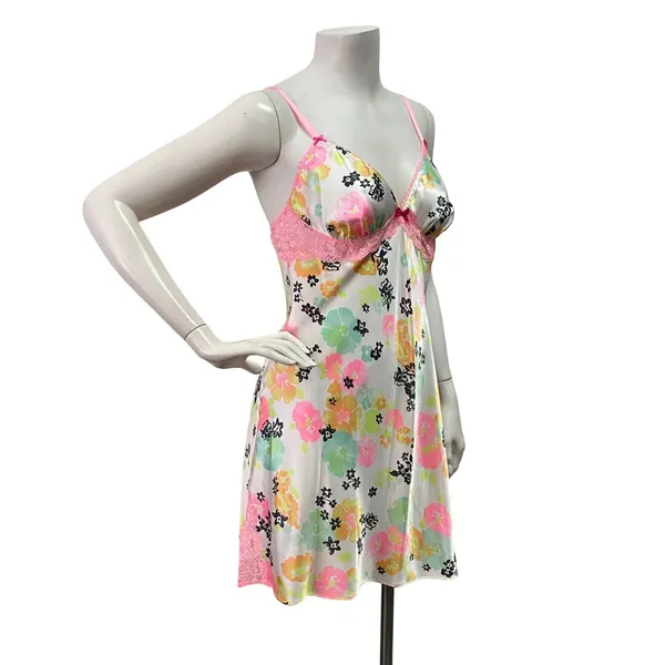 Victoria Secret M Floral Satin Lace Trim Slip Dress Lingerie Babydoll Cottage‎ - Image 5